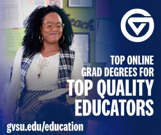 Teacher in classroom with the words "Top online grad degrees for top quality educators"